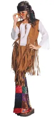 WOMENS HIPPIE PEACE OUT FRINGED VEST BELL BOTTOMS HEADBAND COSTUME XL UR29284