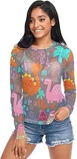 [RPLIFE] Colorful Dinosaurs Long Sleeve Fishnet Top, Long Sleeve Party Tops for Women S-XXL