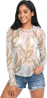 [RPLIFE] Leaf White Mesh Sleeves for Women, Long Sleeve Sheer Top S-XXL
