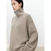 Turtleneck Pure Cashmere Sweater Female Loose And Thick Languid Lazy Wind Pullover Sweater Knitting Base Wool Sweater camel M