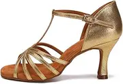 [HIPPOSEUS] Women's T Strap Latin Ballroom Dance Shoes Open Toe Tango Salsa Practice Dancing Shoes Suede Sole,Model KC