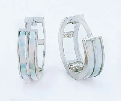 GENUINE 2.10 Cts Double Row OPAL HUGGIE EARRINGS 14k WHITE GOLD - MADE IN USA