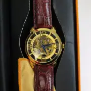 Working Stuhrling Mens Automatic Skeleton Watch Gold Tone 90089 Original Box Tag