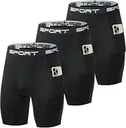 [Generic] 3 Pack Mens Compression Shorts with Pocket, Cool Dry Spandex Athletic Shorts, Biker Running Athletic Tights Underwear