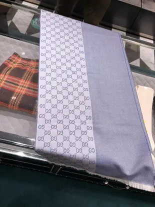 Gucci 雙面長型圍巾 刺繡雙G緹花純羊毛圍巾/長披肩 344994 淺藍 色號9269