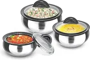 Milton Clarion Jr. Inner Steel Casserole with Glass Lid, 570 ml, 1220 ml, 1950 ml (19 oz/ 41 oz/ 66 oz) Thermal Serving Bowl, Insulated Hot Pot, Keeps Food Hot & Cold BPA Free | Set of 3, Steelplain