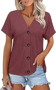[TICTICMISS] Womens Summer Tops Short Sleeve Button Down Shirts Casual V Neck T Shirts Trendy Tunic Tops