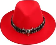 [FRCOLOR] Fashionable Men Women Western Cowboy Hat Sun Visor Wool Travel Bull Decor 56-58cm Brim Party Hat Red