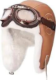 [Peicees] Aviator Hat With Goggles For Adult Kids Pilot Cap Vintage Goggles Costume With Fur Ear Flaps Winter Trapper Hat Warm