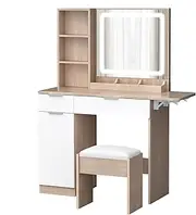 ALFORDSON Dressing Table and Chair Stool Set with LED Mirror, Shelves and Drawers, Wood White Color, Makeup Vanity Desk with Flip-up Countertop