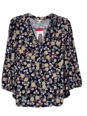 Vince Camuto M Navy Blue Floral Peasant Top Blouse Stretch Knit New NWT