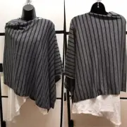 Eileen Fisher Poncho Ash Charcoal Stripe Tencel Lyocell Merino Wool Alpaca OS