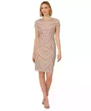 $199 Adrianna Papell Women's Beaded Cap-Sleeve Sheath Dress, Marble, size- 12