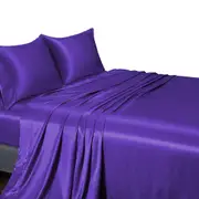 Purple Double Queen King Silk Satin Sheet Set Flat Fitted Sheet And Pillowcase