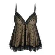 NWT Sexy Floral Lace VNeck Ruffle Cami Stretch Top Adjustable Straps M Black Tan