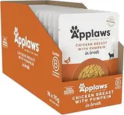 Applaws 100% Natural Wet Cat Food Chicken and Pumpkin in Broth, Limited Ingredients Pet Food 70g Pouch (Pack of 16)