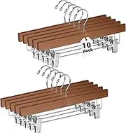Quality Wooden Pants Hangers Skirt Hanger Jeans Hanger Bottom Hanger, Swivel Hook, Adjustable Clips (Walnut - Chrome Hook, 10)