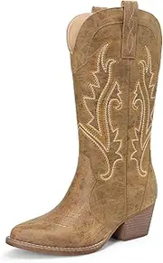 [DREAM PAIRS] Women's Cowboy Boots Mid Calf Cowgirl Boots Point Toe Chunky Heel Embroidery Stitched Western Boots