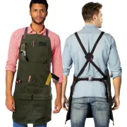 Woodwork Apron - 12 pockets & loops, Waxed Canvas, Cross-Back, Leather Accent