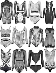 [Geyoga] 12 Pieces Women's Fishnet Lingerie Mesh Babydoll Bodysuit Lace Smock Lingerie for Women (Black,Simple Style), Black, One Size