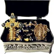 [elegantmedical] HANDMADE ROSARY plated gold Wire Wrapped AAA+ Black Real Pearl Bead Catholic Necklace jesus Cross Gift Box, 25"(65cm), Copper Gold
