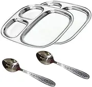 Stainless Steel Square Dinner Plate Set of 2 with 2 Spoons,Compartment Plate 3 in 1 Set of 2 with 2 Spoon,Pav Bhaji Plate Set of 2