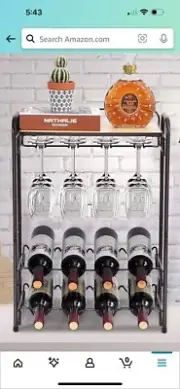 TOOLF 8 Bottle Wine Rack Freestanding Floor, Metal Wine Storage Shelf with Glass
