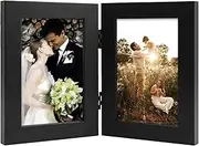 Haobase Double Photo Frame 4x6 Hinged Folding Picture Frames Wood Picture Frame for Tabletop Display Black