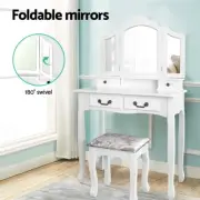 Dressing Table Set 180° folding side mirrors Jewellery 4 Drawers Stool- White