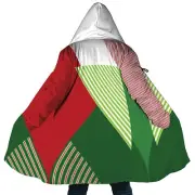 Personalized Hooded Cloak Coat, Red Green Striped Christmas Color Block Cloak