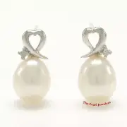 14k White Gold & 2 Sparkling Diamonds on White Cultured Pearls Stud Earrings TPJ