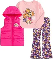 [PAW PATROL] Nickelodeon Girls 3 Piece Long Sleeve Shirt, Hooded Vest, and Flared Pants Set for Toddlers to Big Kids