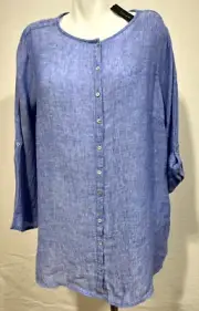 Women Linen Blue Top Blouse Shirt Tunic 1X New NWT Tahari Button Down Roll Tab