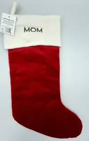 POTTERY BARN CLASSIC VELVET CHRISTMAS STOCKING *MOM* RED IVORY NEW MEDIUM CAPS