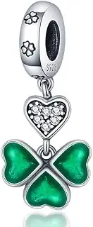 [Mon & Sons] Four Leaf Clover Shamrock I Love You Heart Irish Luck Luck Charm Bead Pendant 925 Sterling Silver Dangle Compatible With Pandora Charm Bracelet, Metal