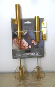 2 Gourmet Rotary Egg, Drink Whisks Hand Push Whisk Blender Gold Tone Metal NEW