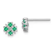 Sterling Silver Rhodium Emerald & Diamond Post Earrings