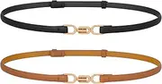 [TRIWORKS] Women Leather Skinny Belt 2 Pack Adjustable Belts Ladies Thin Waist Belts for Dresses, Black+brown