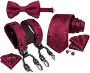 [keusyoi] Adjustable Men's Elastic Braces Suspenders for Man Shirt Silk Necktie Bowtie Pocket Square Man Cuffins Set