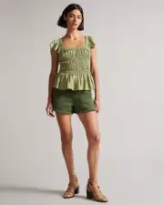 NWT $175 TED BAKER LONDON ALOVIA SMOCKED TOP LACE UP BACK MID-GREEN TOP SZ 2/US6