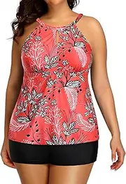 [Aqua Eve] Women Two Piece Plus Size Tankini Swimsuit with Shorts Tummy Control Bathing Suit High Neck Swimwear