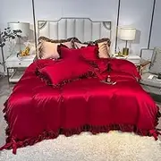 4Pcs Satin Duvet Cover Set with Satin Fitted Sheet, Silky Comforter Cover Set Satin Duvet Covers and Sheets (2 Pillowcases, 1 Duvet Cover, 1 Fitted Sheet)(Deep Red,King)