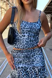 Blue Animal Print Singlet Top Sleeveless Scoop Neck Mesh - Size 10S, Women's Cami