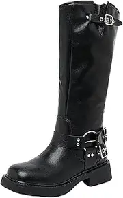 [LNNLUU] Square Toe Equestrian Boots(35-40), Womens Riding Boots, Pull-on + Adjustable Buckle, Anti-Slip + Wear-Resistant, Thick Sole + Mid Heel(3-5cm), for All Seasons,38,Black