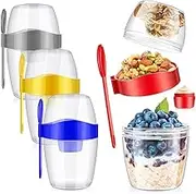 4 Pieces Breakfast Yogurt Oatmeal Cups Reusable Plastic Container with Lid and Spoon, Portable Salad Meal Shaker Cup for Yogurt Oatmeal Cereal Food, Desserts, Smoothies and Snacks.