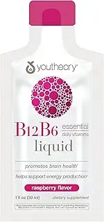 Youtheory Vitamin B12 B6, Daily Energy and Brain Support Supplement, Liquid Raspberry Flavor, 12 – 1oz Single Serving Packets