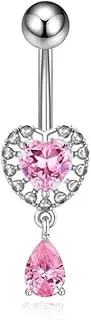 [Niaspi] 14G Pink CZ Heart Teardrop Dangle Belly Button Rings for Women Hypoallergenic 316L Surgical Steel Belly Ring Dainty Navel Curved Barbell Studs Sparkling Belly Navel Piercing Jewelry 3/8"