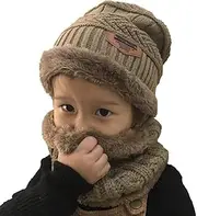 [LONGTEN] Kids Knitted Hat and Scarf Set, Winter Fleece Lining Wool Beanie Hat Neck Warmers