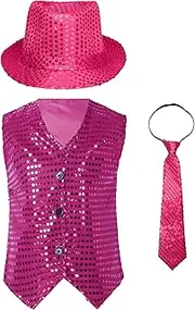 [Hedmy] Boys Latin Jazz Dance Costume Shiny Sequins Vest Sleeveless Waistcoat with Necktie and Hat 3Pcs Set