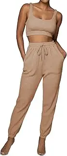 [JOFOW] Women's Two Piece Summer Outfit Strap Tank Tops Elastic Waist With Pocket Pencil Pants Sports Yoga Running